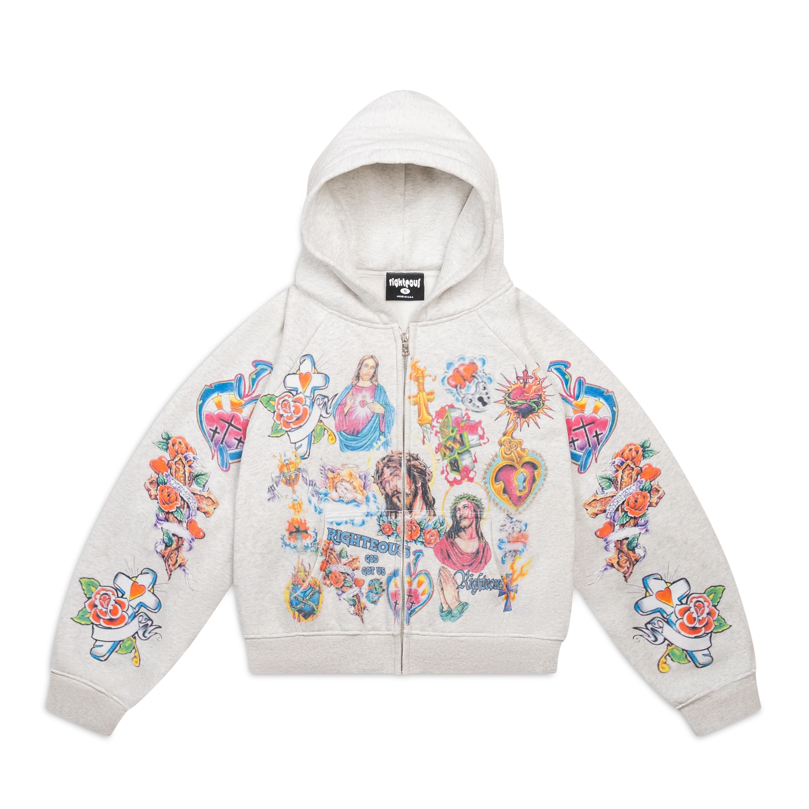We Are Righteous Risen King Cropped Zip-Up Hoodie Grey